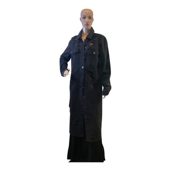 BBJ Los Angeles Women’s Black Classic Distressed Cotton Denim Long Jacket Size S - Picture 1 of 15